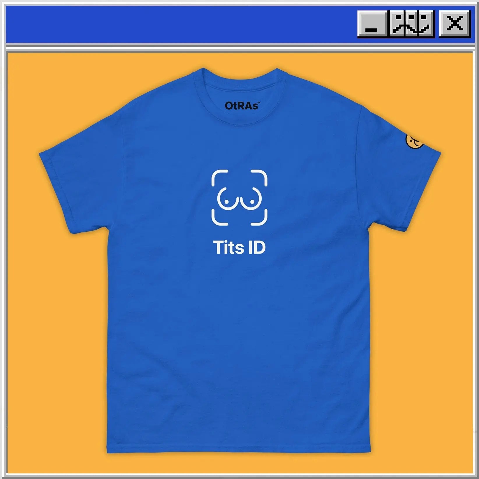 Blue t-shirt with 'Tits ID' logo on a yellow background